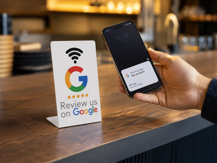 Soporte NFC Google Review en una mesa
